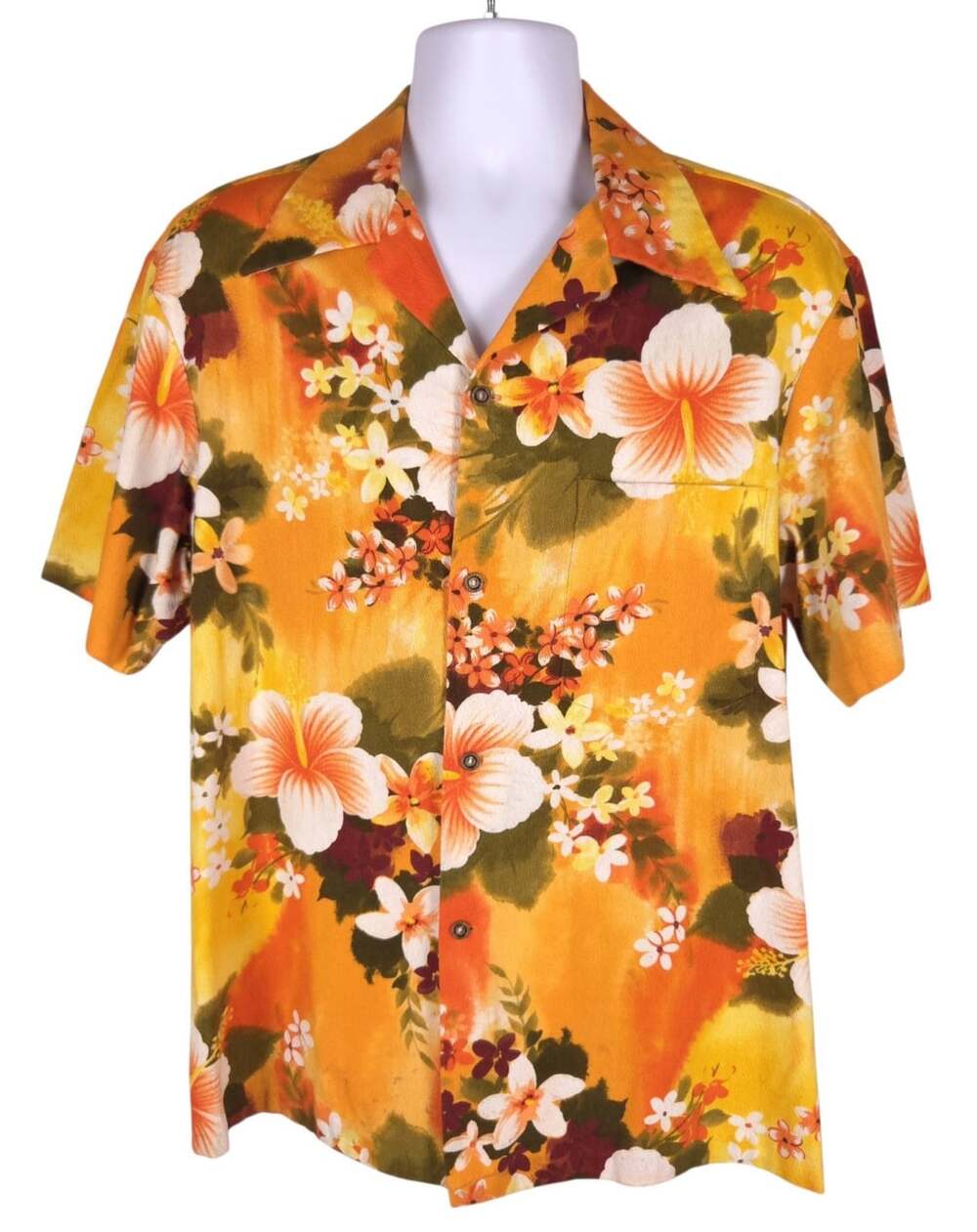 Vintage 70s Ui-Maikai Hibiscus Hawaiian Shirt US L Mens Orange Multi